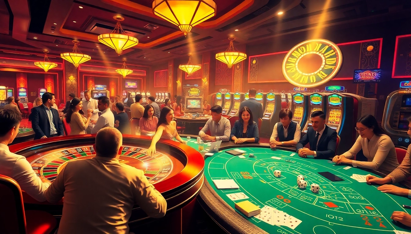 Engaged gamblers enjoying casino games at a luxury venue while following https://keonhacai.claims/ for betting insights.