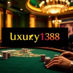 Players placing bets at luxury138's online casino interface with poker chips and a roulette wheel.