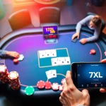 שולחן פוקר 7XL עם שחקנים מעורבים במשחק מקוון, המציג צבעים חיים וממשק דיגיטלי.