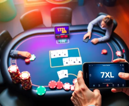 שולחן פוקר 7XL עם שחקנים מעורבים במשחק מקוון, המציג צבעים חיים וממשק דיגיטלי.