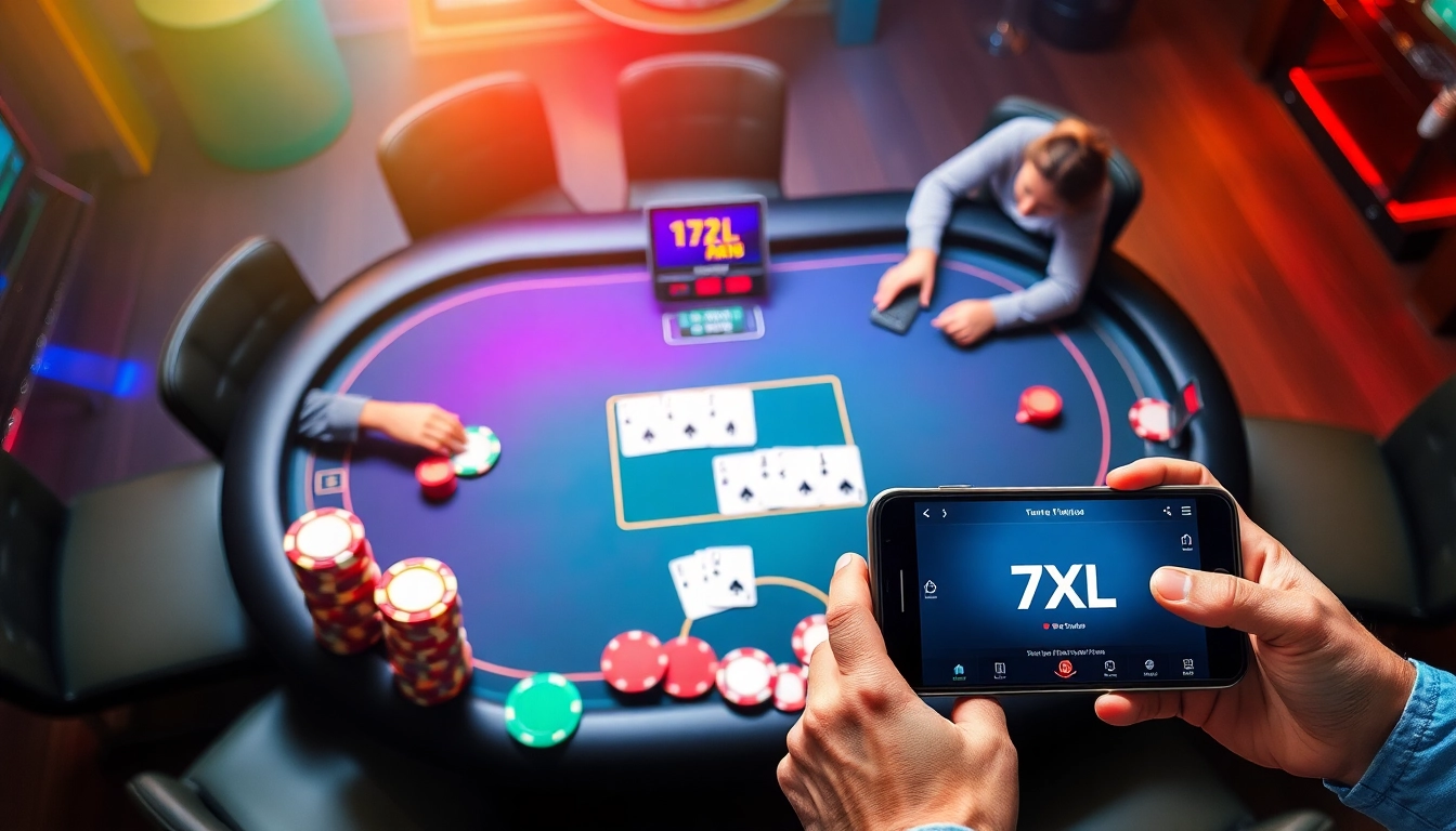 שולחן פוקר 7XL עם שחקנים מעורבים במשחק מקוון, המציג צבעים חיים וממשק דיגיטלי.