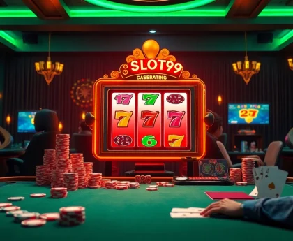 SLOT99 vibrant online slots with dynamic animations and elegant casino elements.