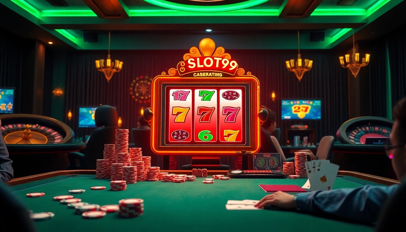 SLOT99 vibrant online slots with dynamic animations and elegant casino elements.