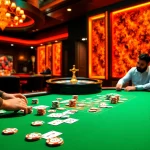 Players enjoying a thrilling poker game at 789club, surrounded by vibrant casino elements.