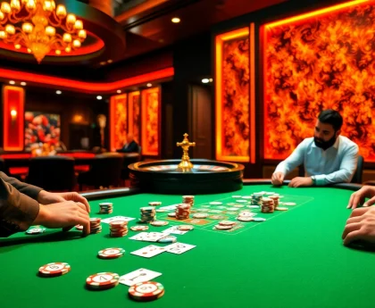 Players enjoying a thrilling poker game at 789club, surrounded by vibrant casino elements.