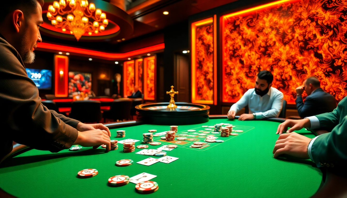 Players enjoying a thrilling poker game at 789club, surrounded by vibrant casino elements.