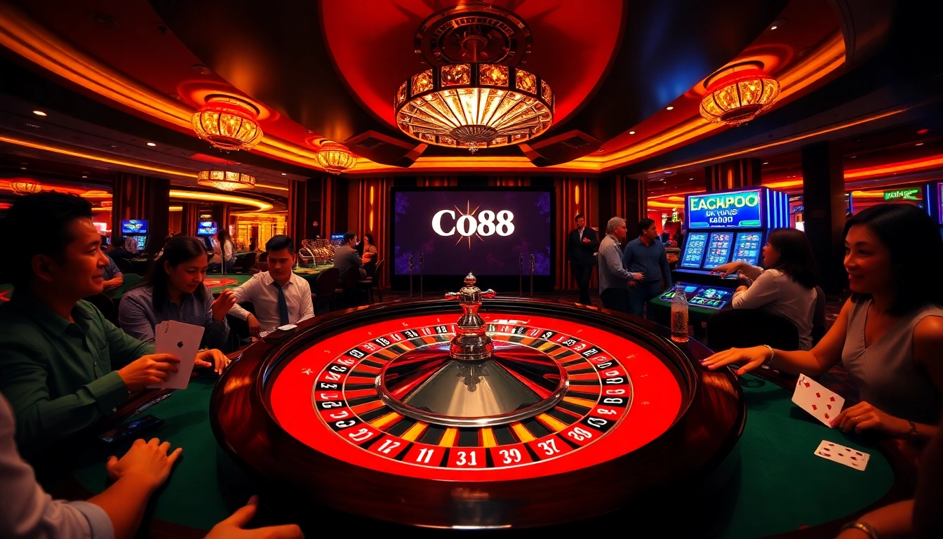 Co88 logo displayed prominently at a casino roulette table with excited players and poker chips.