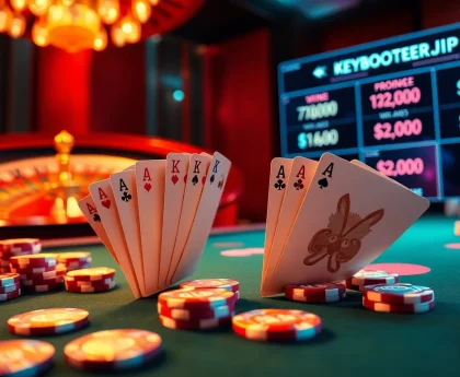 Experience thrilling casino action with Boosterjp at a lavish poker table surrounded by excitement.