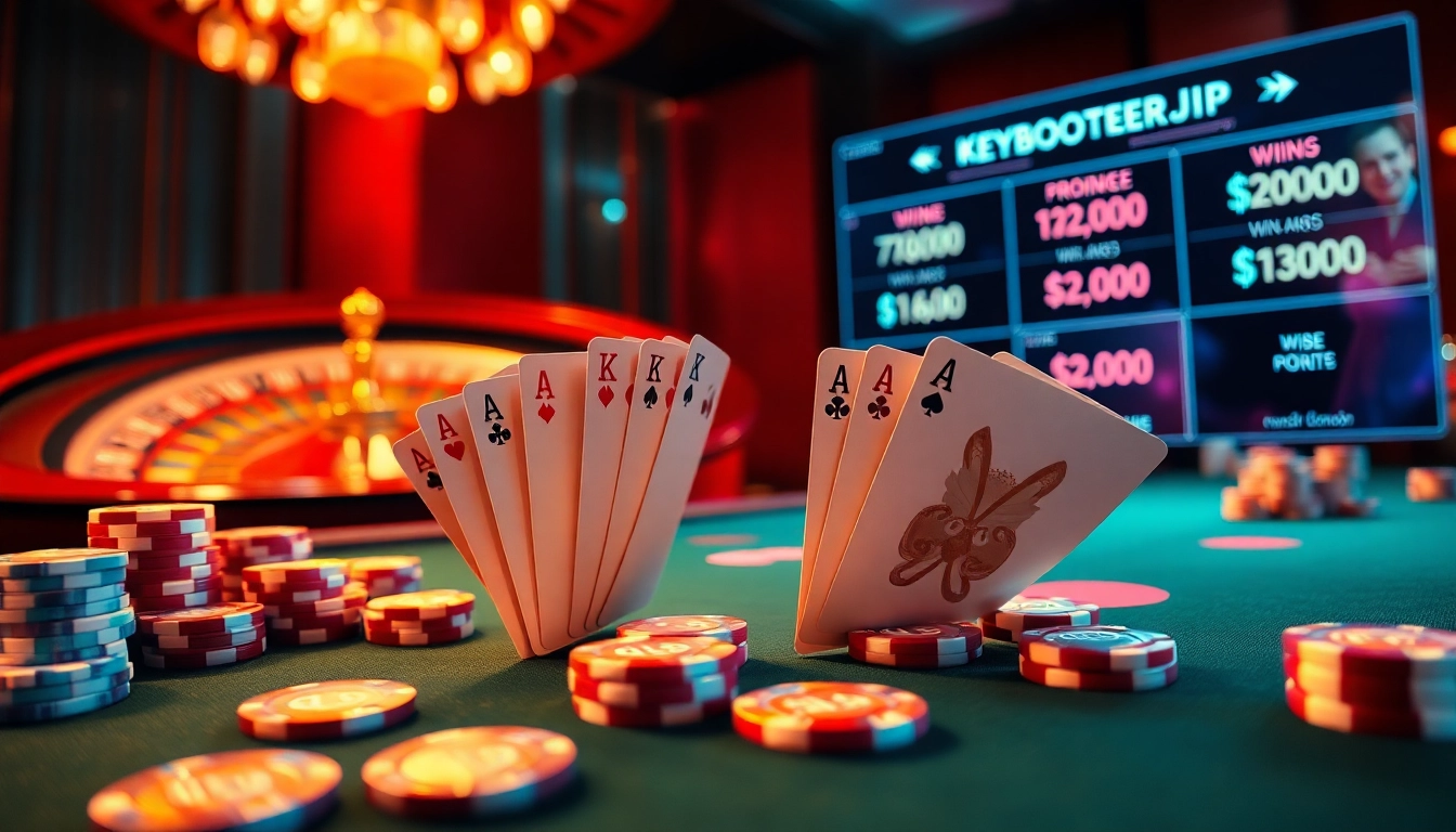 Experience thrilling casino action with Boosterjp at a lavish poker table surrounded by excitement.