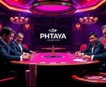 PHTAYA players engaged in an intense poker game at a luxurious casino table.