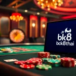 Engaging in a thrilling poker game on bk8thai, surrounded by vibrant casino atmosphere and rich elements.