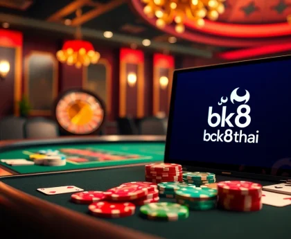 Engaging in a thrilling poker game on bk8thai, surrounded by vibrant casino atmosphere and rich elements.