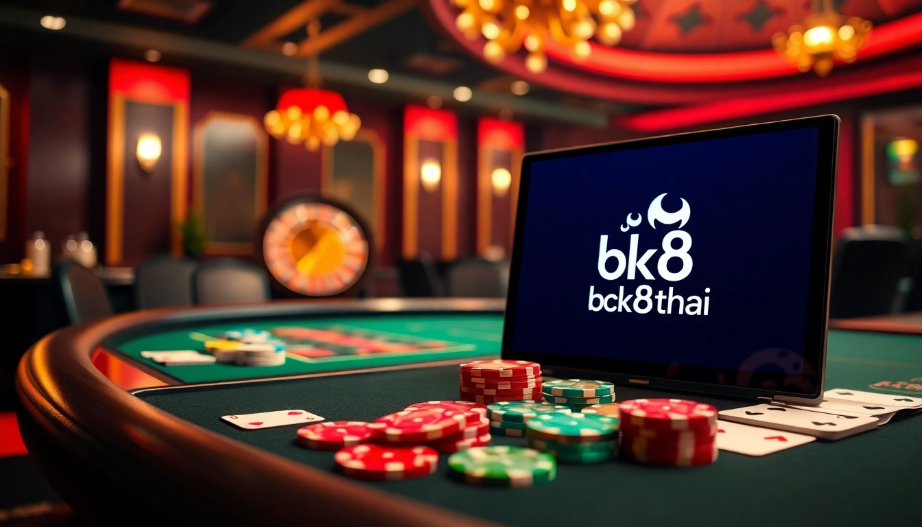 Engaging in a thrilling poker game on bk8thai, surrounded by vibrant casino atmosphere and rich elements.