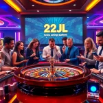 A lively casino scene with players at the 22JL roulette table, showcasing excitement and luxury in gambling.