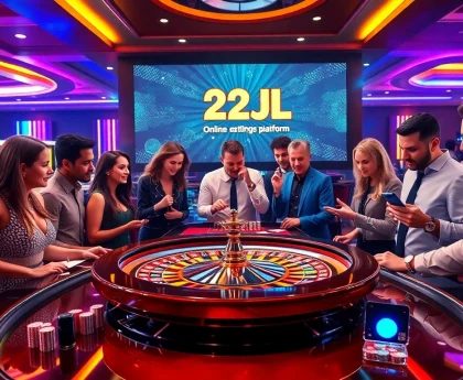 A lively casino scene with players at the 22JL roulette table, showcasing excitement and luxury in gambling.