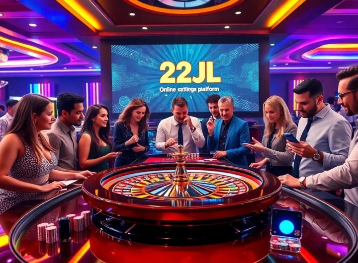 A lively casino scene with players at the 22JL roulette table, showcasing excitement and luxury in gambling.