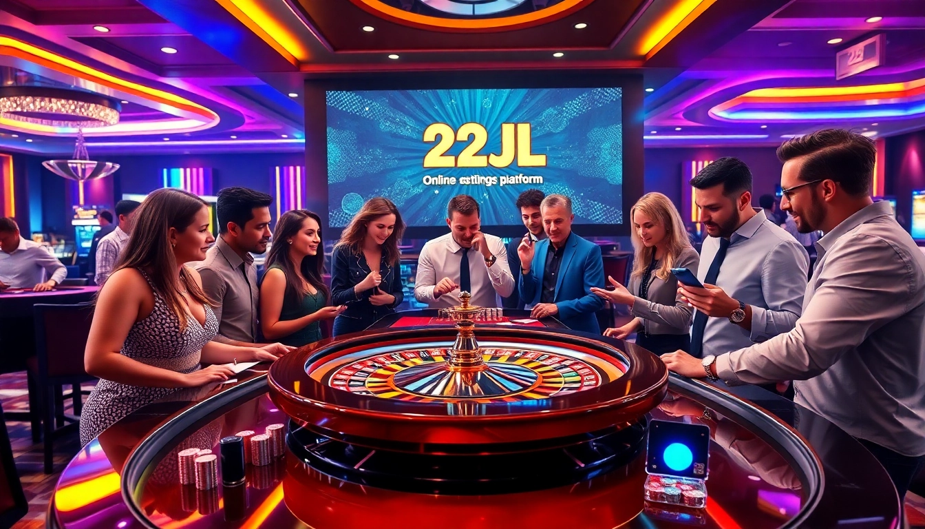 A lively casino scene with players at the 22JL roulette table, showcasing excitement and luxury in gambling.