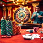 LV88 casino table featuring vibrant chips and an engaging dealer in a luxurious setting.