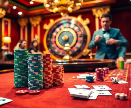 LV88 casino table featuring vibrant chips and an engaging dealer in a luxurious setting.