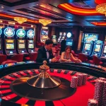 Experience an exciting gaming atmosphere at LC88 with a luxurious casino environment showcasing roulette and poker action.
