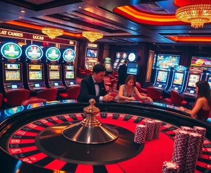 Experience an exciting gaming atmosphere at LC88 with a luxurious casino environment showcasing roulette and poker action.