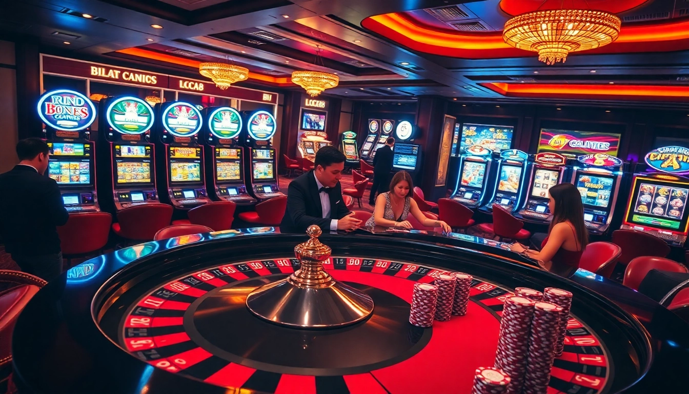 Experience an exciting gaming atmosphere at LC88 with a luxurious casino environment showcasing roulette and poker action.