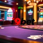 Experience the thrill of i9bet with a vibrant casino scene showcasing poker and roulette tables, illuminated in luxury.