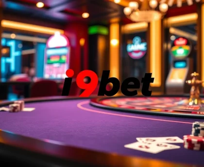 Experience the thrill of i9bet with a vibrant casino scene showcasing poker and roulette tables, illuminated in luxury.