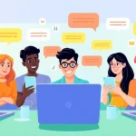 مشهد غرفة دردشة تفاعلية لشات فله مع مستخدمين متنوعين يتفاعلون عبر الإنترنت.