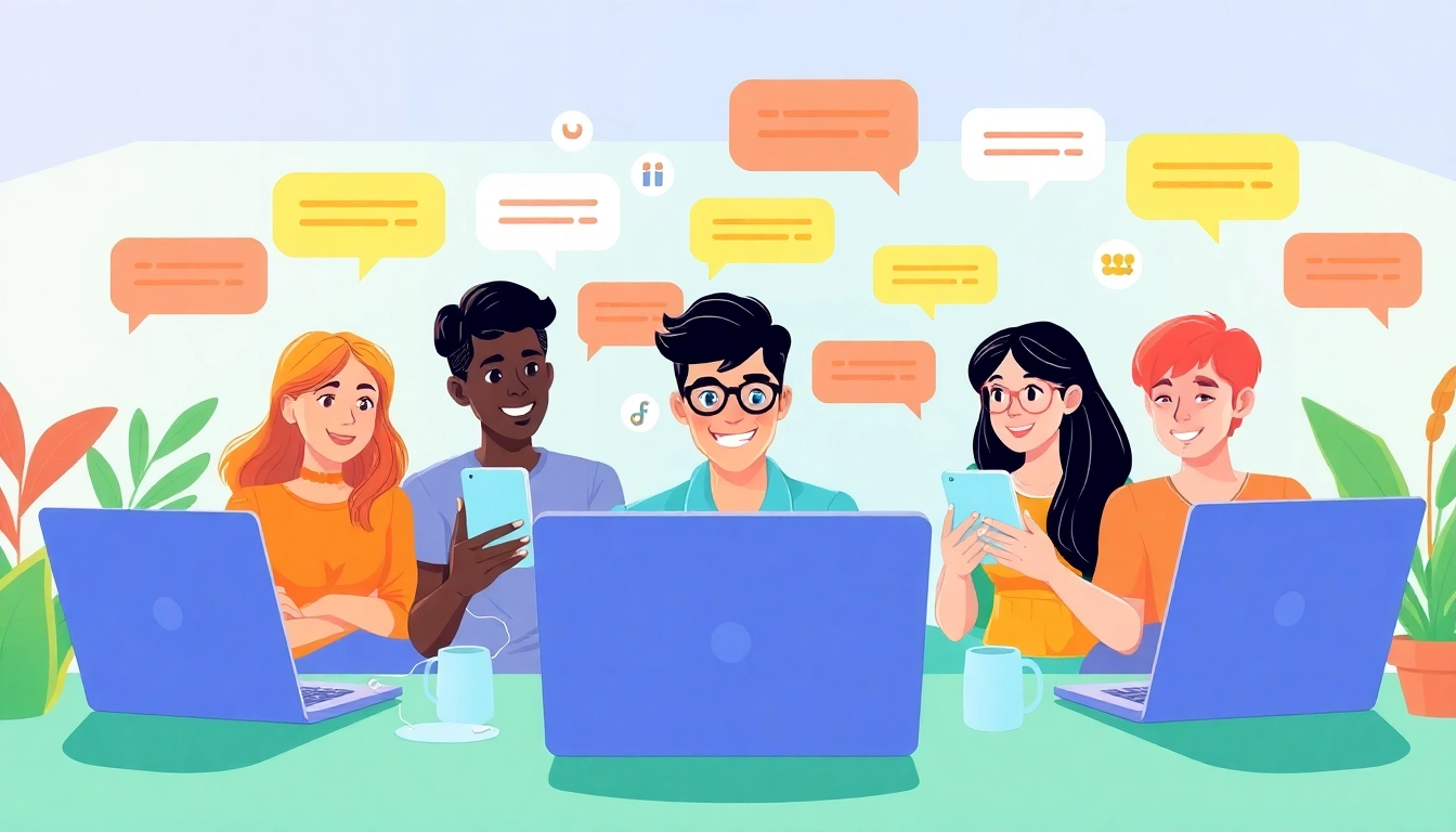 مشهد غرفة دردشة تفاعلية لشات فله مع مستخدمين متنوعين يتفاعلون عبر الإنترنت.