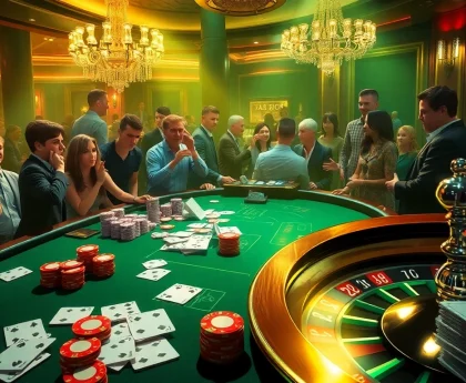 The hidden wiki influences an exciting casino scene with players at a poker table and a roulette wheel.