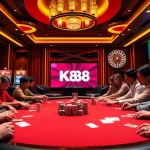 K88 players engaging at a vibrant poker table, showcasing an exciting casino environment.