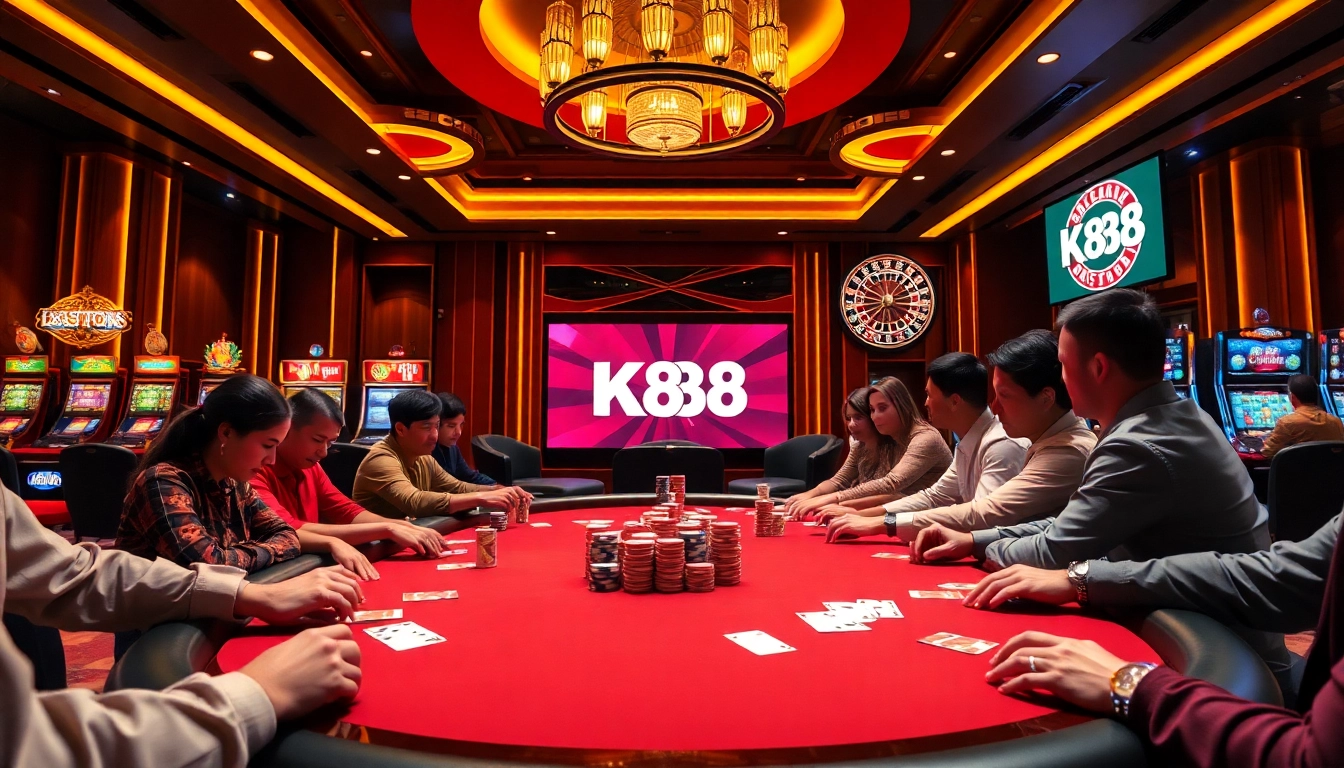 K88 players engaging at a vibrant poker table, showcasing an exciting casino environment.