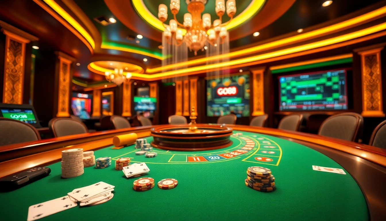 Experience the excitement of GO88's online gaming with dynamic poker and casino visuals.