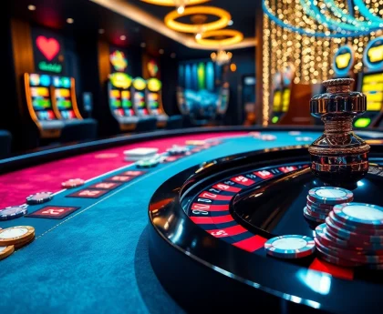 Pahala4d gaming scene showcasing a vibrant roulette table with poker chips and slot machines.