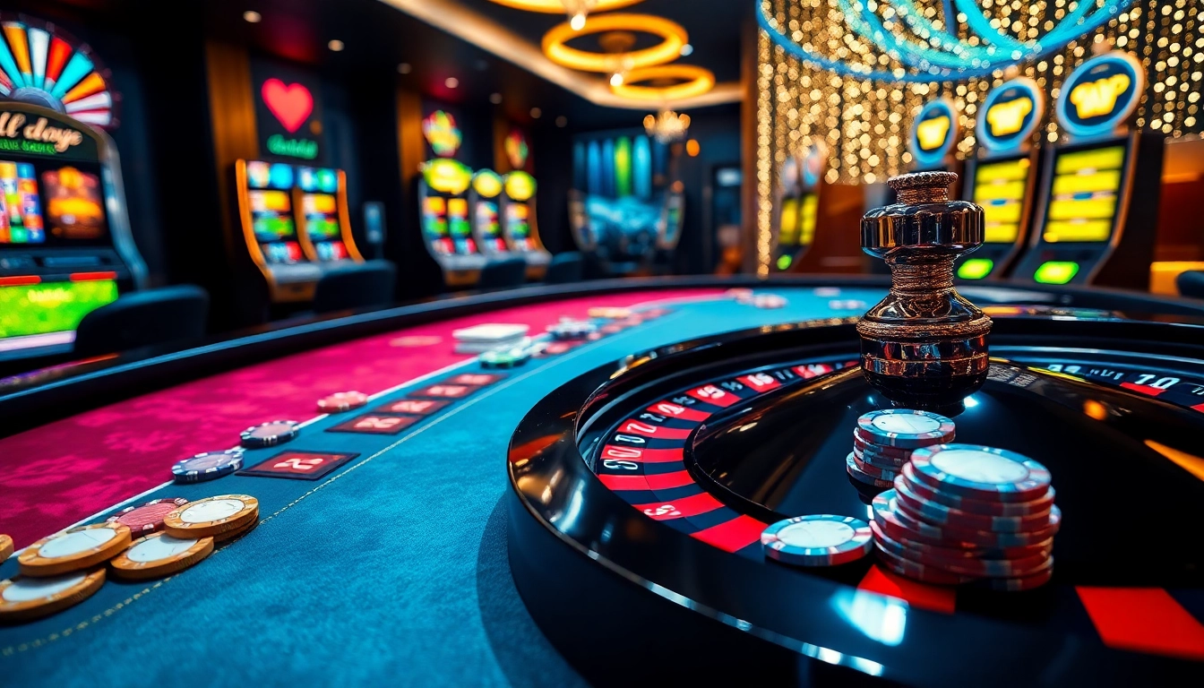 Pahala4d gaming scene showcasing a vibrant roulette table with poker chips and slot machines.