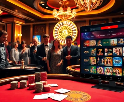 Action-packed casino scene featuring exciting gambling with nh88, showcasing poker, roulette, and online gaming elements.