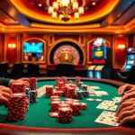 RR88 poker players strategizing at a high-stakes table with vibrant chips and cards.