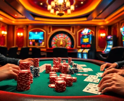 RR88 poker players strategizing at a high-stakes table with vibrant chips and cards.