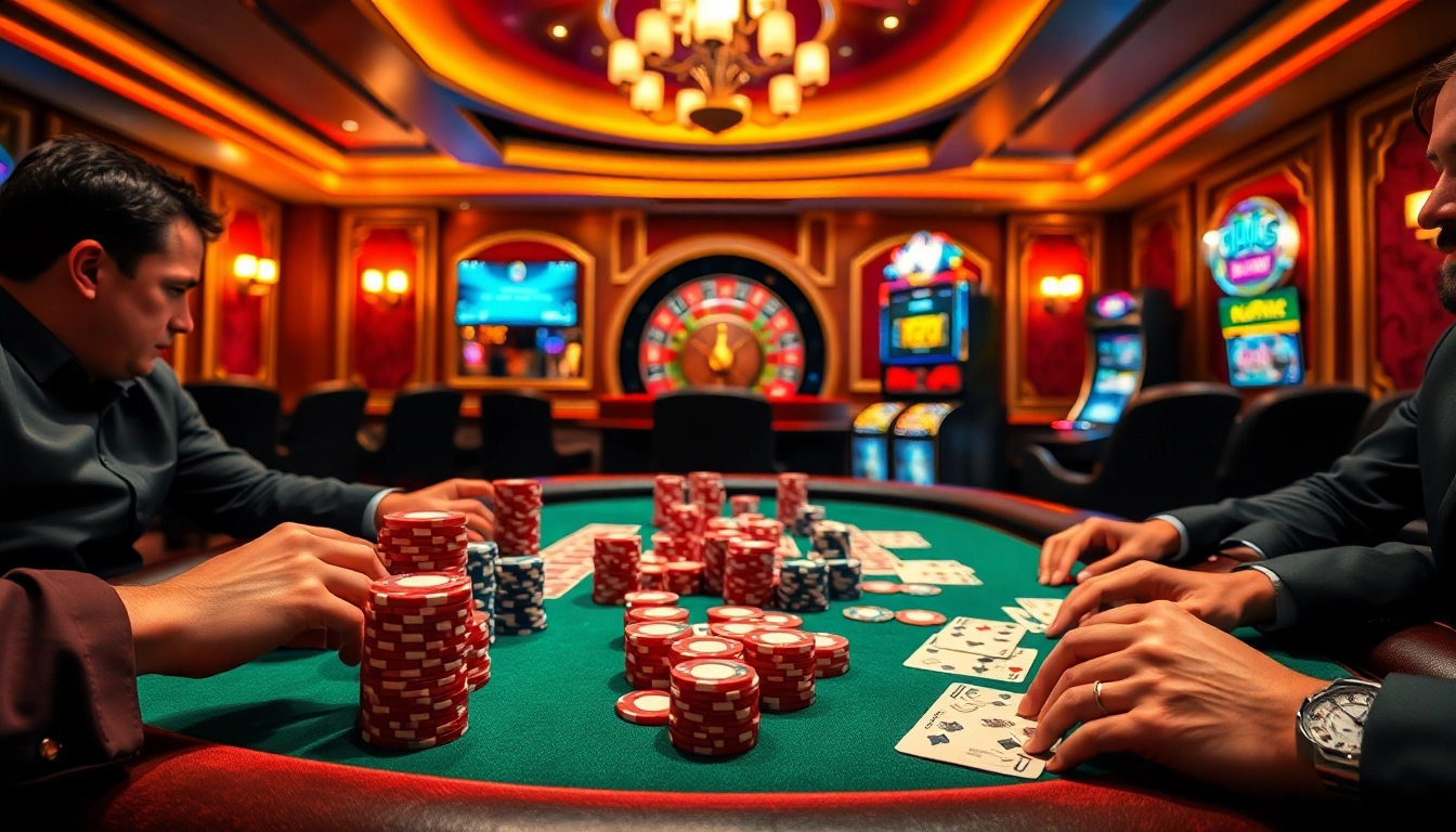 RR88 poker players strategizing at a high-stakes table with vibrant chips and cards.