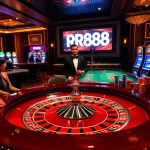 Experience the excitement of RR88 with vibrant casino tables, colorful chips, and players enjoying their games.