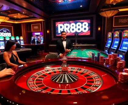 Experience the excitement of RR88 with vibrant casino tables, colorful chips, and players enjoying their games.