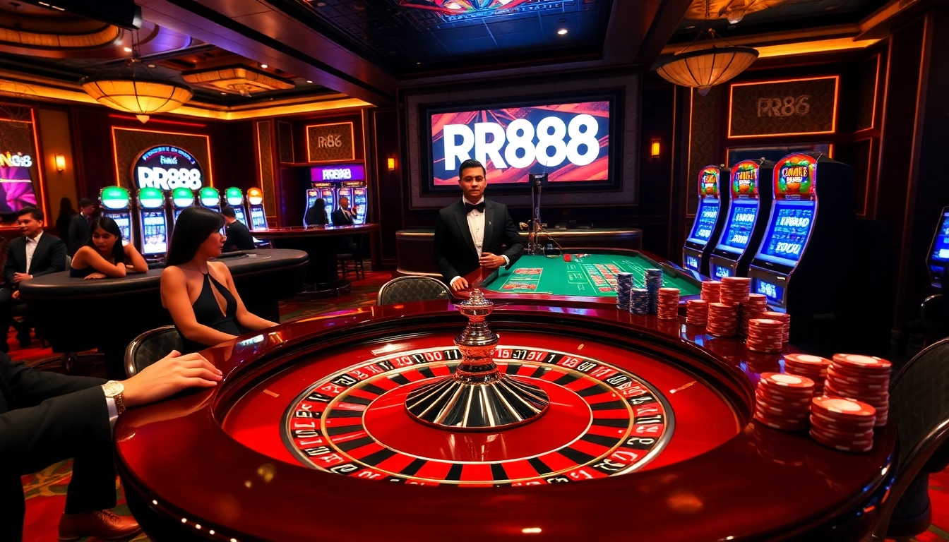 Experience the excitement of RR88 with vibrant casino tables, colorful chips, and players enjoying their games.