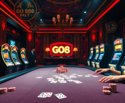 Engage with the thrilling atmosphere of gambling at GO 88 with vibrant slot machines and elegant card tables.