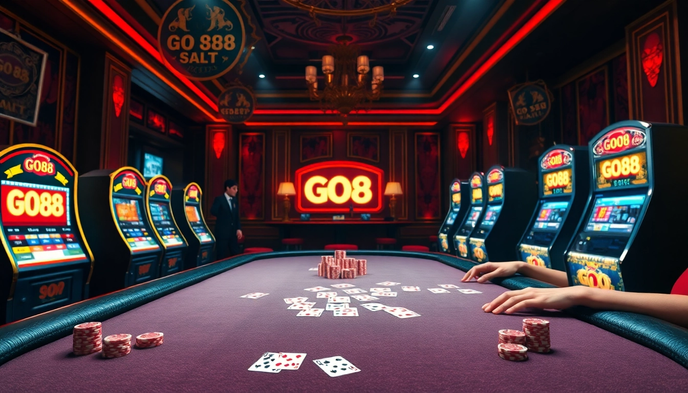 Engage with the thrilling atmosphere of gambling at GO 88 with vibrant slot machines and elegant card tables.