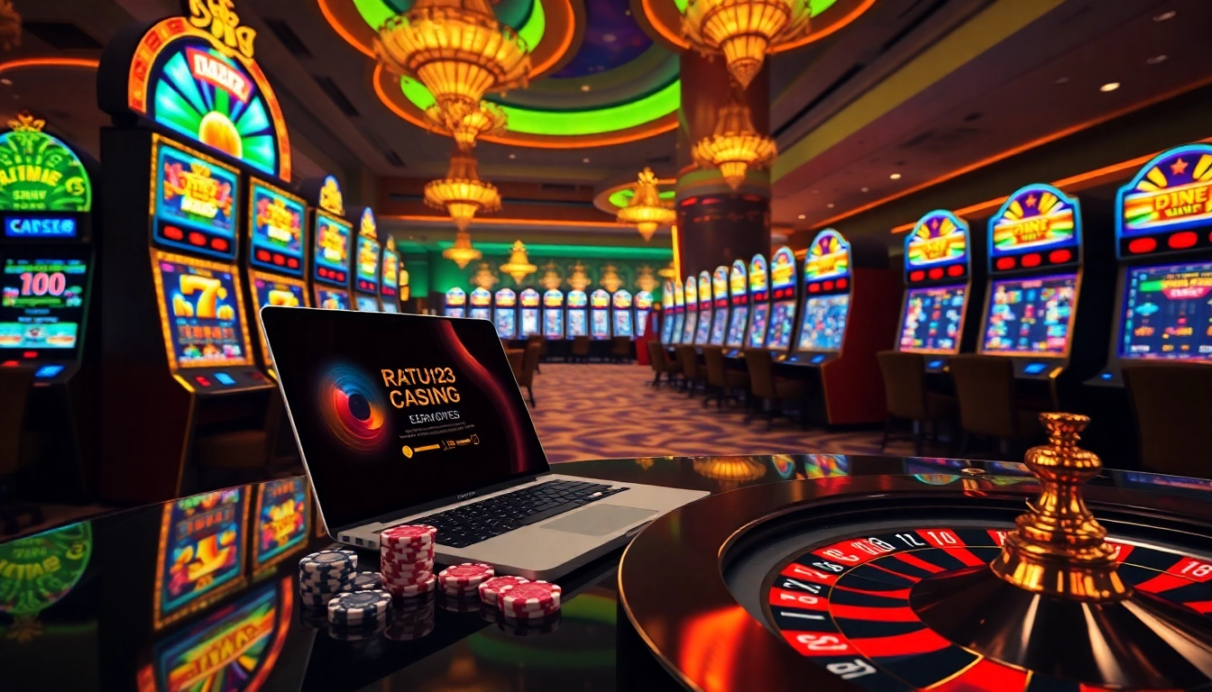 Pemain berinteraksi dengan slot yang seru di Ratu123, menampilkan grafis berwarna cerah dan nuansa kasino.