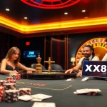 Players enjoying the excitement of XX88 at a modern casino table with vibrant chips and cards.