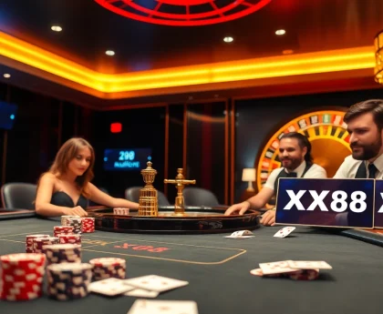 Players enjoying the excitement of XX88 at a modern casino table with vibrant chips and cards.