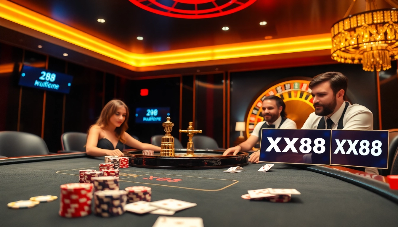 Players enjoying the excitement of XX88 at a modern casino table with vibrant chips and cards.