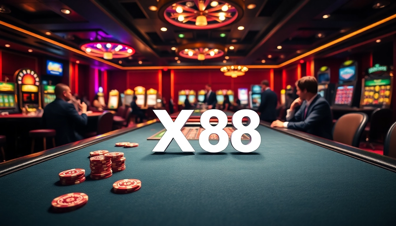Experience the thrill of gambling at an upscale casino featuring X88-themed gaming concepts.